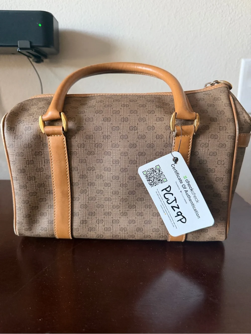 Vintage Gucci Micro GG Supreme Mini Boston Bag. Beige and gold PVC leather